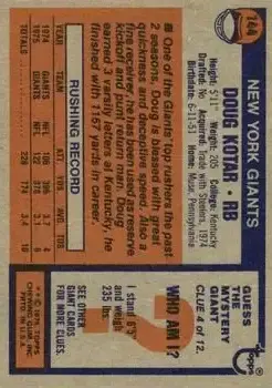 1976 Topps #144 - Doug Kotar - New York Giants - Back 1976 Topps #144 - Doug Kotar - New York Giants - Back