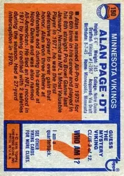 1976 Topps #150 - Alan Page - Minnesota Vikings - Back