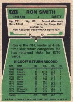 1975 Topps #171 - Ron Smith - Oakland Raiders - Back