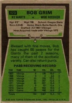1975 Topps #173 - Bob Grim - New York Giants - Back