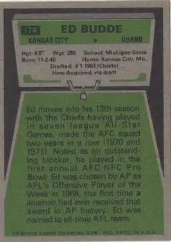 1975 Topps #174 - Ed Budde - Kansas City Chiefs - Back
