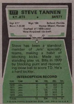 1975 Topps #177 - Steve Tannen - New York Jets - Back 1975 Topps #177 - Steve Tannen - New York Jets - Back