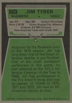 1975 Topps #179 - Jim Tyrer - Washington Redskins - Back