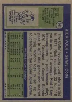 1972 Topps #141 - Rick Volk - Baltimore Colts