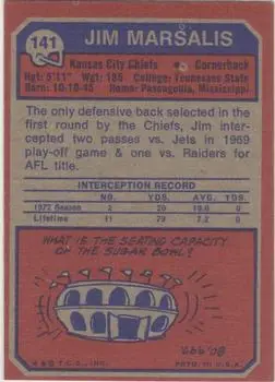 1973 Topps #141 - Jim Marsalis - Kansas City Chiefs - Back