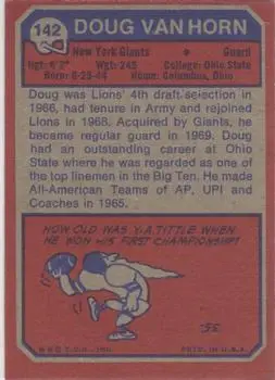 1973 Topps #142 - Doug Van Horn - New York Giants - Back