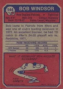 1973 Topps #144 - Bob Windsor - New England Patriots - Back