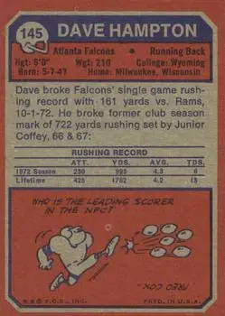 1973 Topps #145 - Dave Hampton - Atlanta Falcons - Back 1973 Topps #145 - Dave Hampton - Atlanta Falcons - Back