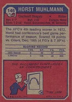 1973 Topps #146 - Horst Muhlmann - Cincinnati Bengals - Back