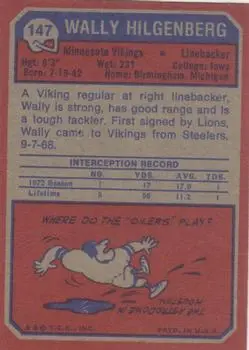 1973 Topps #147 - Wally Hilgenberg - Minnesota Vikings - Back 1973 Topps #147 - Wally Hilgenberg - Minnesota Vikings - Back