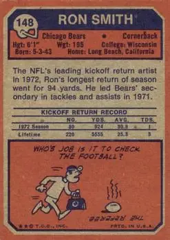 1973 Topps #148 - Ron Smith - Chicago Bears - Back