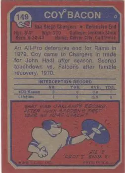 1973 Topps #149 - Coy Bacon - San Diego Chargers - Back