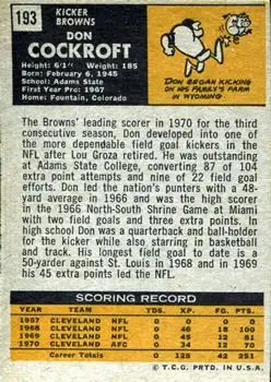 1971 Topps #193 - Don Cockroft - Cleveland Browns - Back