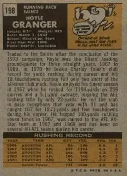 1971 Topps #198 - Hoyle Granger - New Orleans Saints - Back 1971 Topps #198 - Hoyle Granger - New Orleans Saints - Back