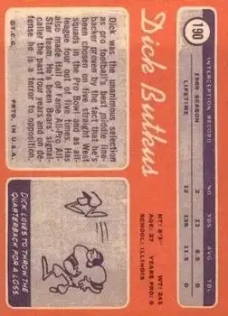 1970 Topps #190 - Dick Butkus - Chicago Bears - Back