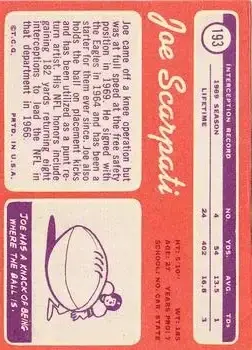 1970 Topps #193 - Joe Scarpati - New Orleans Saints - Back