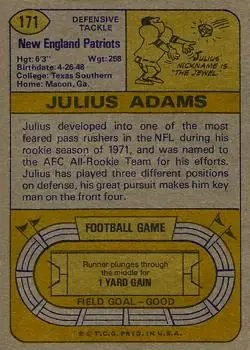 1974 Topps #171 - Julius Adams - New England Patriots - Back