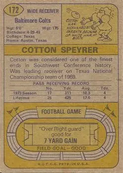 1974 Topps #172 - Cotton Speyrer - Baltimore Colts - Back 1974 Topps #172 - Cotton Speyrer - Baltimore Colts - Back