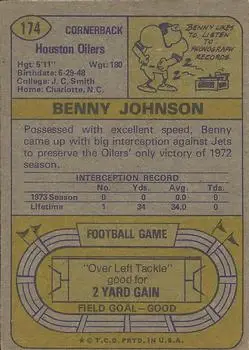 1974 Topps #174 - Benny Johnson - Houston Oilers - Back 1974 Topps #174 - Benny Johnson - Houston Oilers - Back