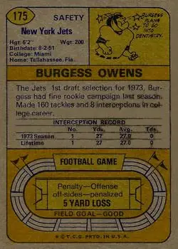 1974 Topps #175 - Burgess Owens - New York Jets - Back
