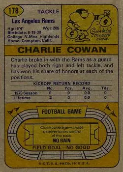 1974 Topps #178 - Charlie Cowan - Los Angeles Rams - Back 1974 Topps #178 - Charlie Cowan - Los Angeles Rams - Back