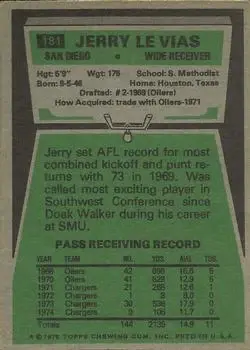 1975 Topps #181 - Jerry LeVias - San Diego Chargers - Back 1975 Topps #181 - Jerry LeVias - San Diego Chargers - Back