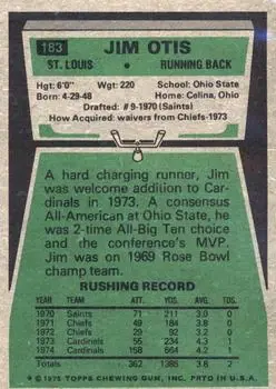 1975 Topps #183 - Jim Otis - St. Louis Cardinals - Back