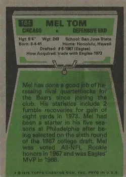 1975 Topps #184 - Mel Tom - Chicago Bears - Back