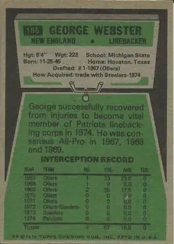 1975 Topps #186 - George Webster - New England Patriots - Back 1975 Topps #186 - George Webster - New England Patriots - Back