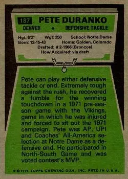 1975 Topps #187 - Pete Duranko - Denver Broncos - Back
