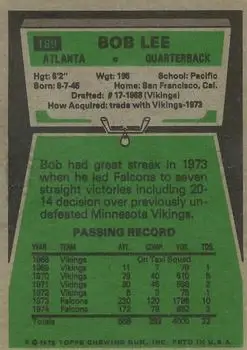1975 Topps #189 - Bob Lee - Atlanta Falcons - Back