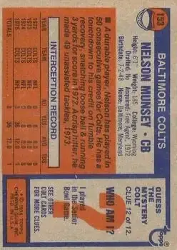 1976 Topps #153 - Nelson Munsey - Baltimore Colts - Back