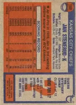 1976 Topps #160 - Jan Stenerud - Kansas City Chiefs - Back