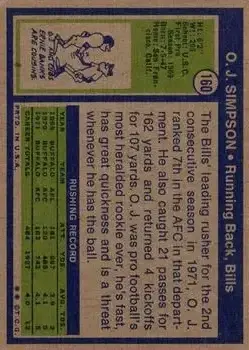 1972 Topps #160 - O.J. Simpson - Buffalo Bills - Back