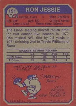 1973 Topps #151 - Ron Jessie - Detroit Lions - Back