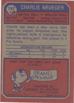 1973 Topps #157 - Charlie Krueger - San Francisco 49ers - Back