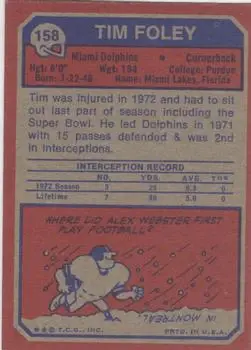 1973 Topps #158 - Tim Foley - Miami Dolphins - Back