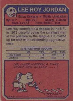 1973 Topps #159 - Lee Roy Jordan - Dallas Cowboys - Back