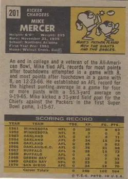 1971 Topps #201 - Mike Mercer - San Diego Chargers - Back