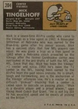 1971 Topps #204 - Mick Tingelhoff - Minnesota Vikings - Back