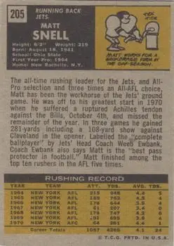 1971 Topps #205 - Matt Snell - New York Jets - Back 1971 Topps #205 - Matt Snell - New York Jets - Back
