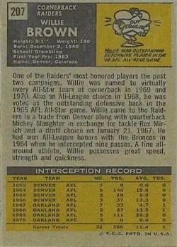 1971 Topps #207 - Willie Brown - Oakland Raiders - Back