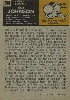 1971 Topps #208 - Bob Johnson - Cincinnati Bengals - Back