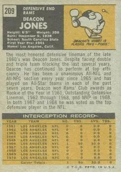1971 Topps #209 - Dave Jones - Los Angeles Rams - Back