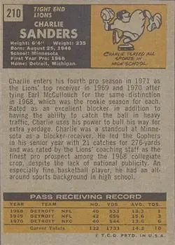 1971 Topps #210 - Charlie Sanders - Detroit Lions - Back