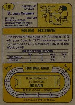 1974 Topps #181 - Bob Rowe - St. Louis Cardinals - Back 1974 Topps #181 - Bob Rowe - St. Louis Cardinals - Back