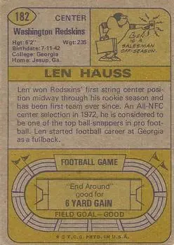 1974 Topps #182 - Len Hauss - Washington Redskins - Back