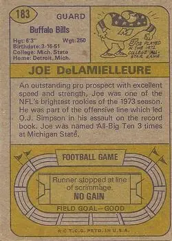 1974 Topps #183 - Joe DeLamielleure - Buffalo Bills - Back 1974 Topps #183 - Joe DeLamielleure - Buffalo Bills - Back