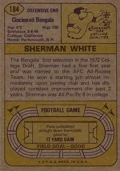 1974 Topps #184 - Sherman White - Cincinnati Bengals - Back
