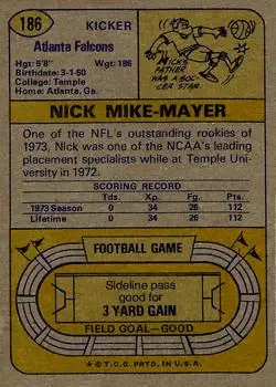 1974 Topps #186 - Nick Mike-Mayer - Atlanta Falcons - Back